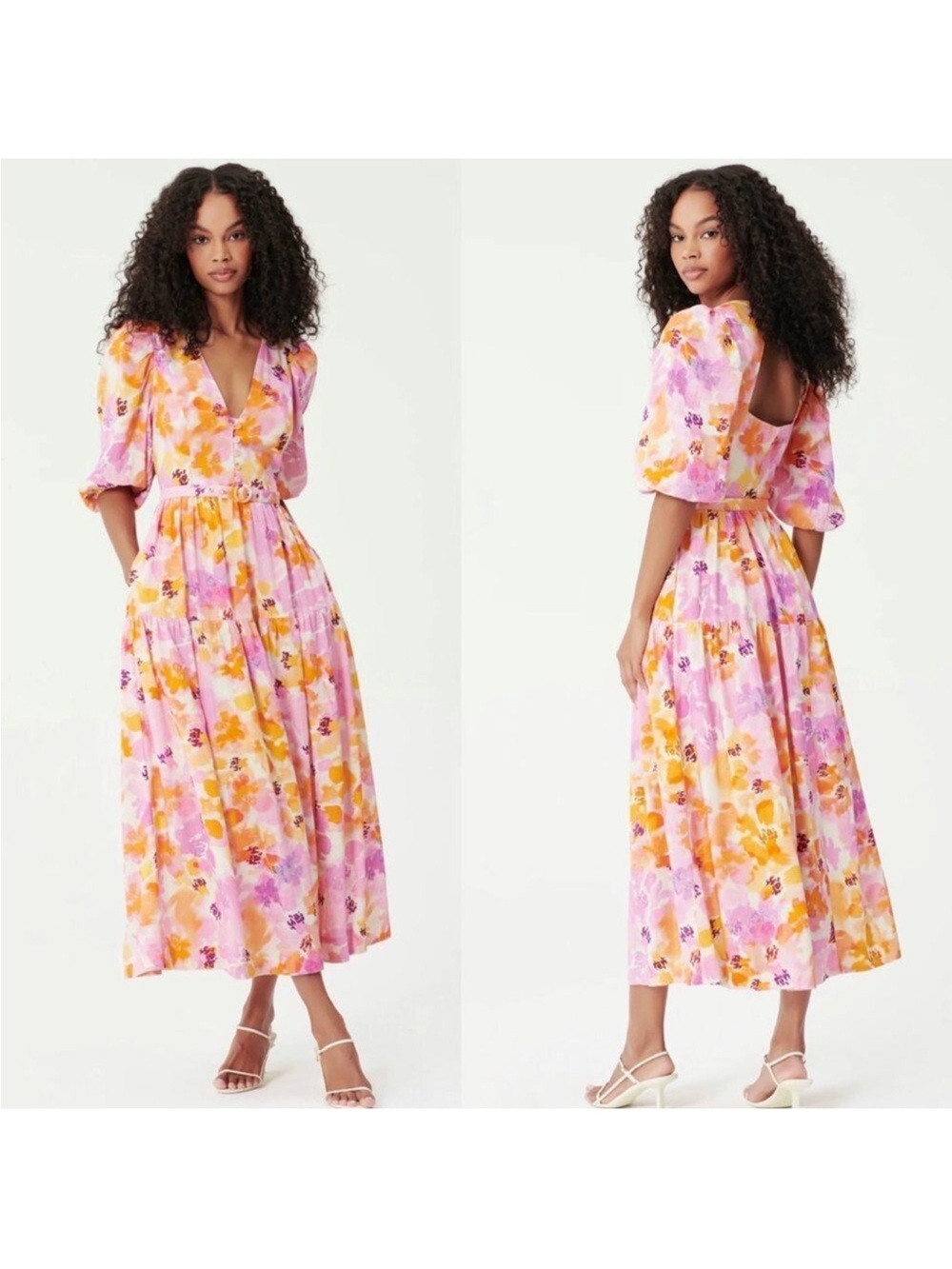 NICHOLAS Celie Watercolor Floral Linen Blend Puff Sleeve Dress Size 4